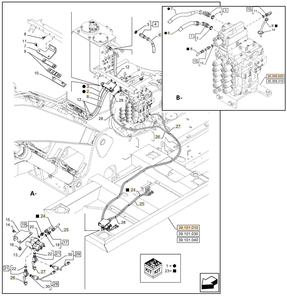 Case CX130E LC installation diagram showing hydraulic hose KHJ25060 at Pipe No. A27-B9