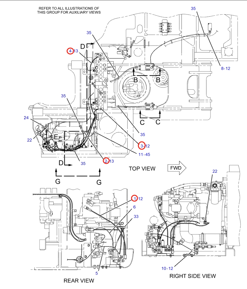 Caterpillar CAT®318C installation diagram showing hydraulic hose 225-6721 at Pipe No. 3