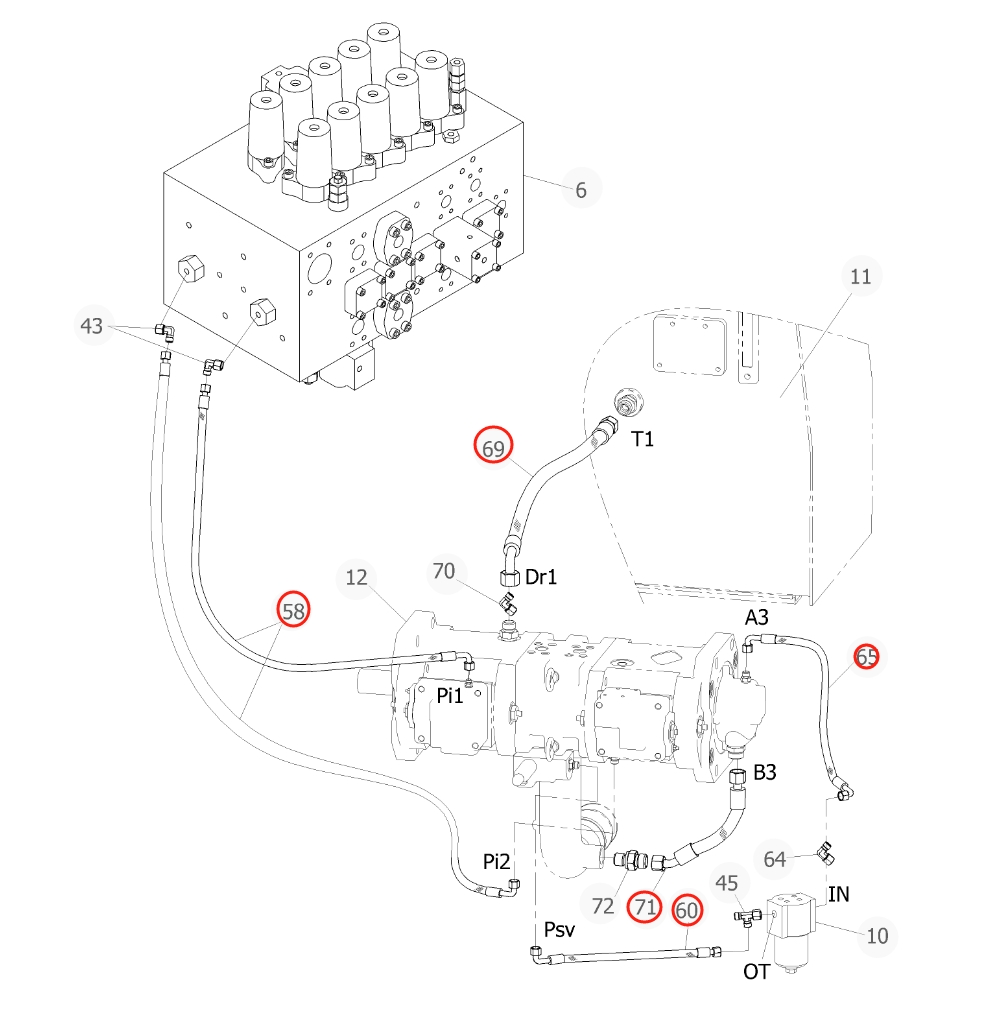 Sunward SWE365F installation diagram showing hydraulic hose 730502003258 at Pipe No. 65