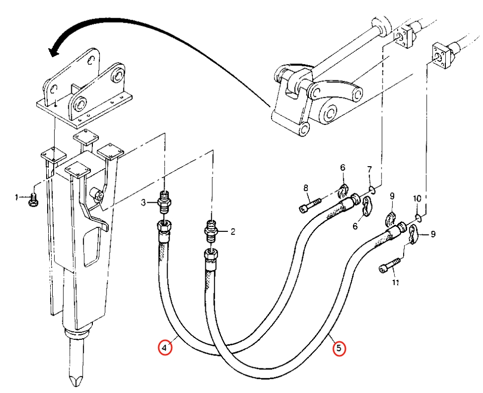 Caterpillar CAT®206B installation diagram showing hydraulic hose 8U-9187 at Pipe No. 5