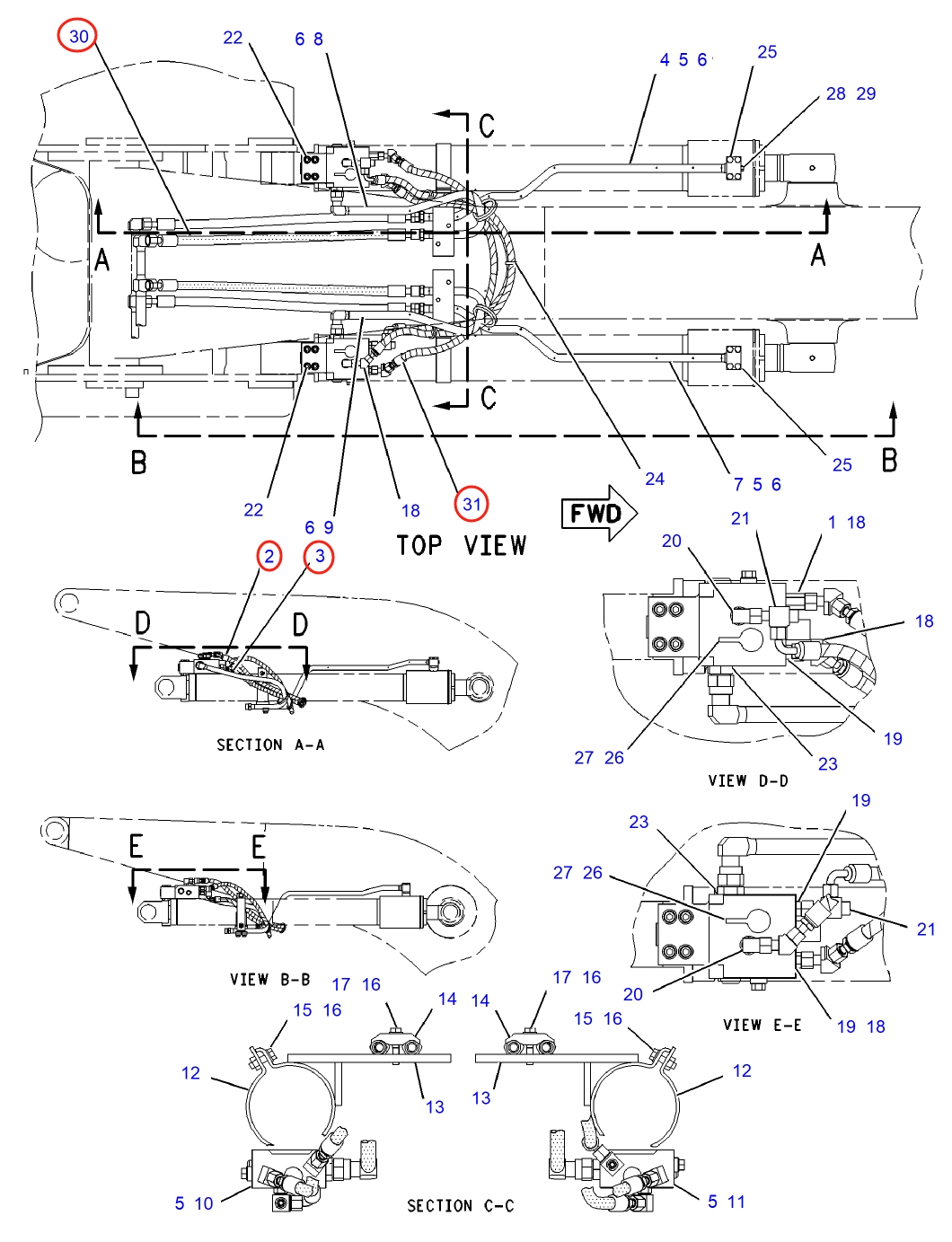 Caterpillar CAT®312C L installation diagram showing hydraulic hose 196-3369 at Pipe No. 31
