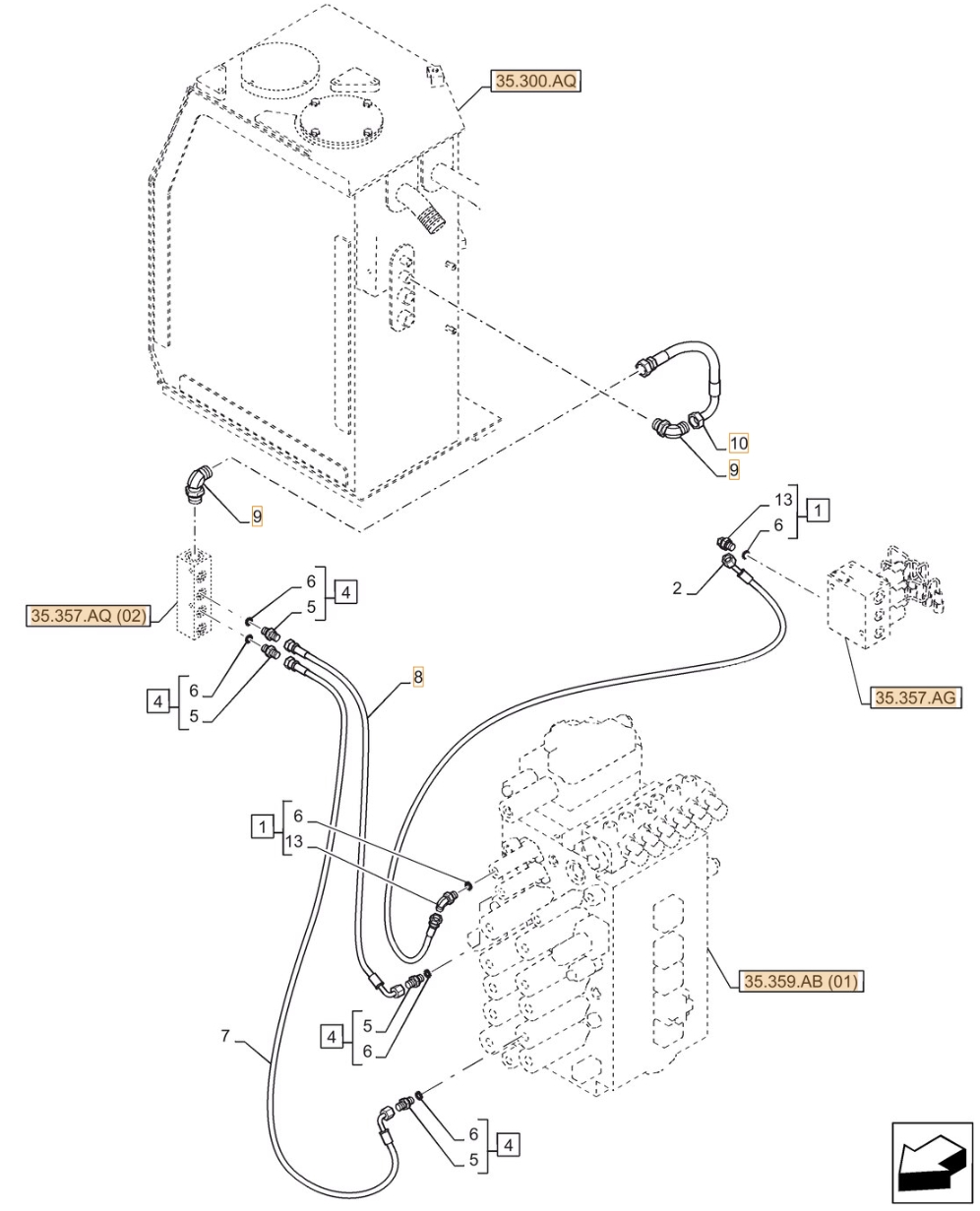 Case CX370D LC installation diagram showing hydraulic hose KHJ2381 at Pipe No. 7