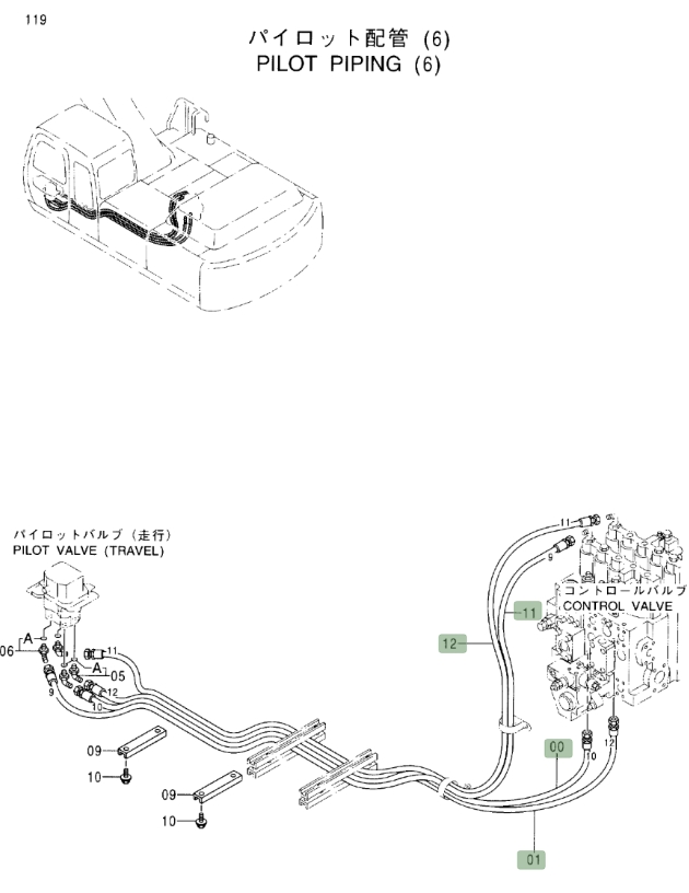 Hitachi EX370-5 installation diagram showing hydraulic hose 4342978 at Pipe No. 1