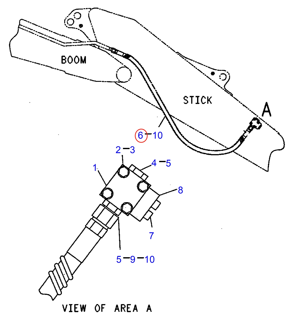 Caterpillar CAT®312-A installation diagram showing hydraulic hose 7I-8323 at Pipe No. 6