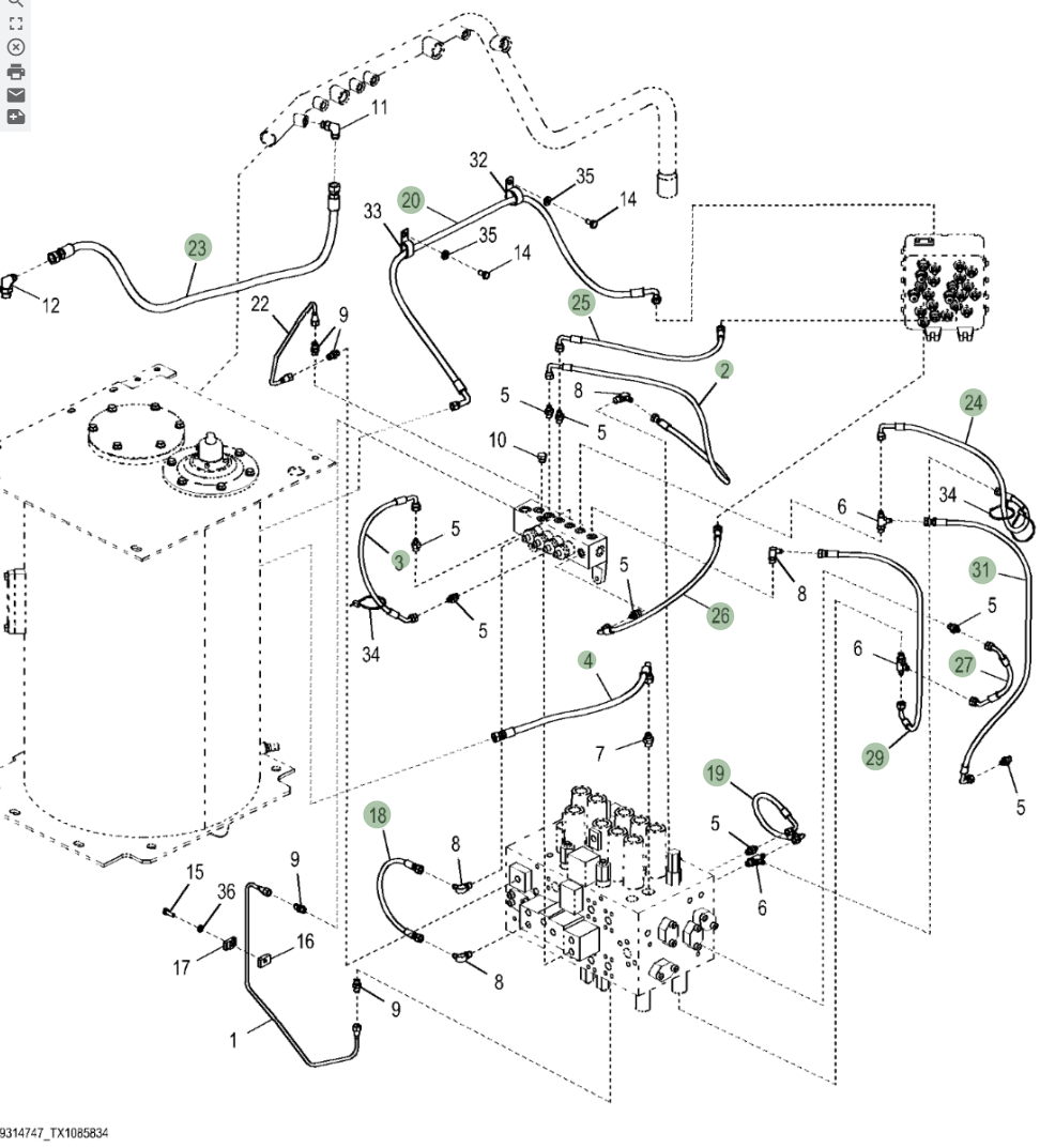 Hitachi ZX290LC-5N installation diagram showing hydraulic hose 4427351 at Pipe No. 19