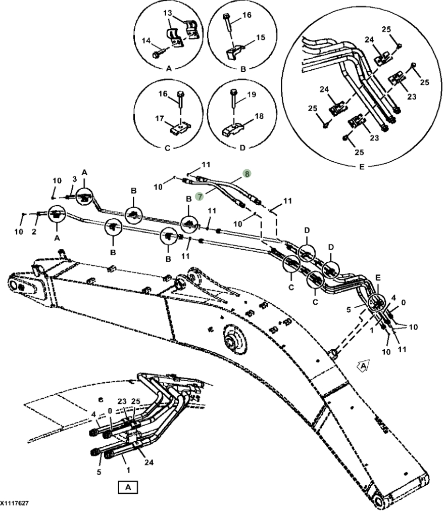 Hitachi ZX245USLC-6N installation diagram showing hydraulic hose 4676587 at Pipe No. 8