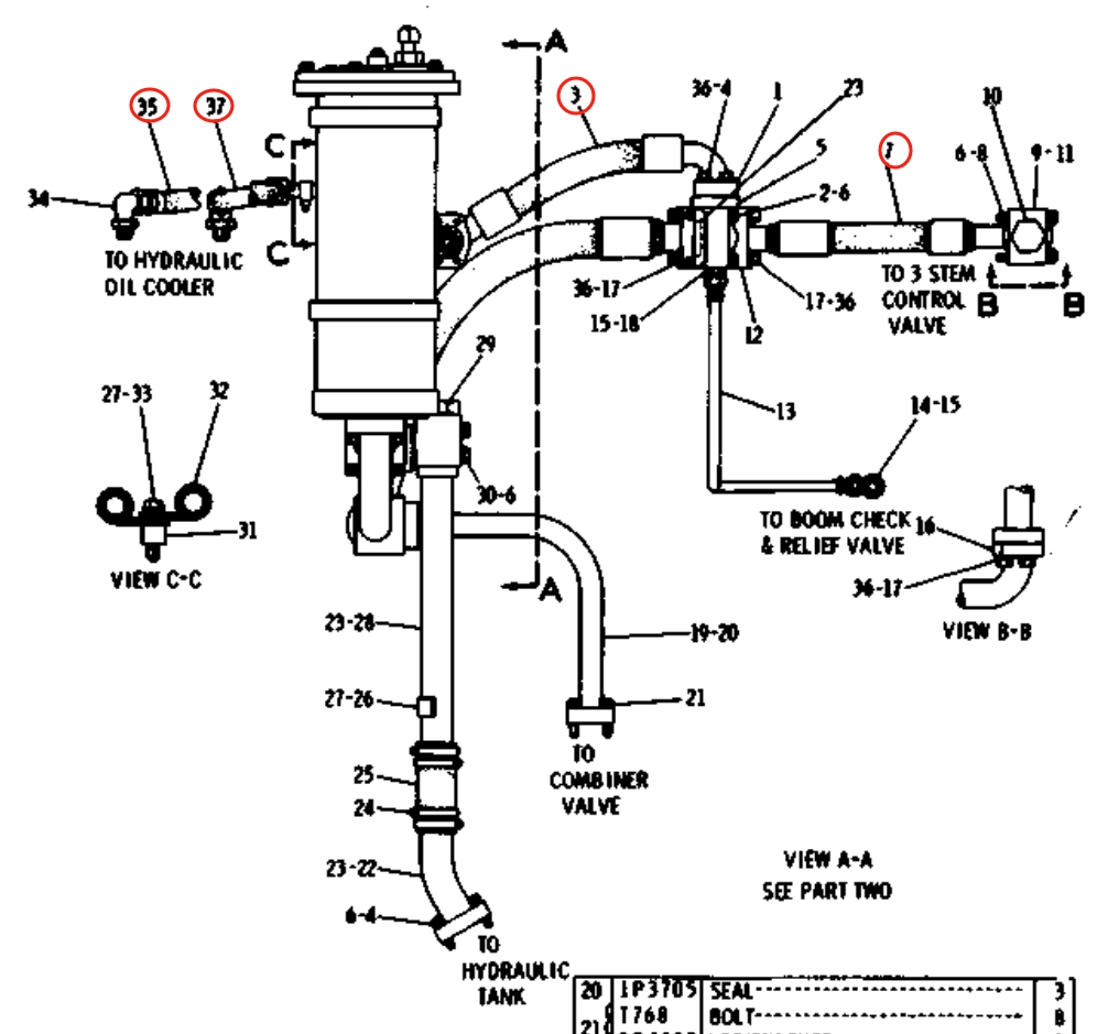 Caterpillar CAT®225 installation diagram showing hydraulic hose 2V-0665 at Pipe No. 37