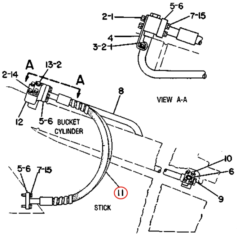 Caterpillar CAT®229 installation diagram showing hydraulic hose 8K-3077 at Pipe No. 11