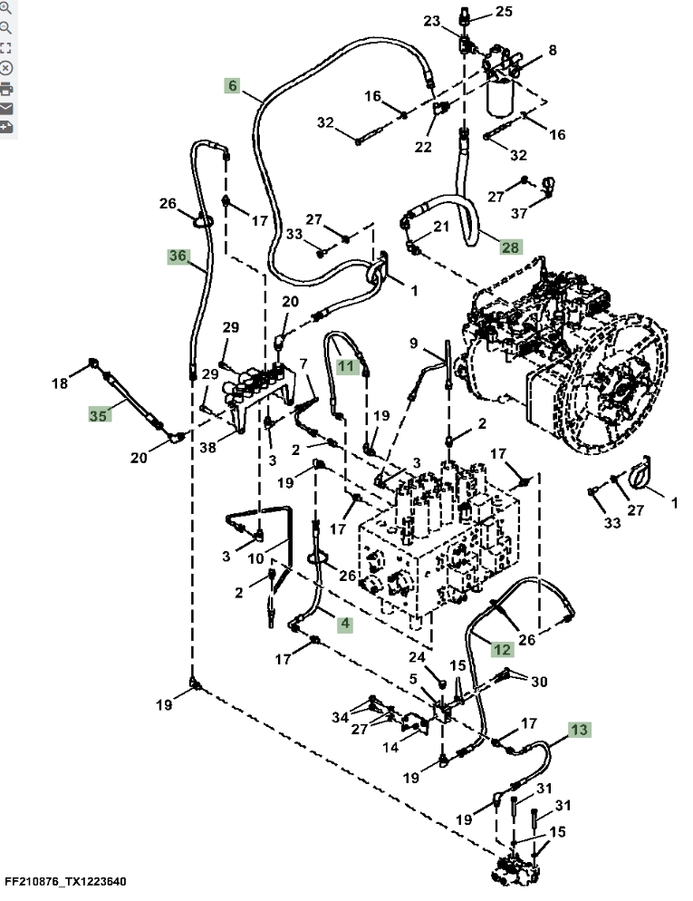 Hitachi ZX370FLC-LL-6N installation diagram showing hydraulic hose 4269832 at Pipe No. 35