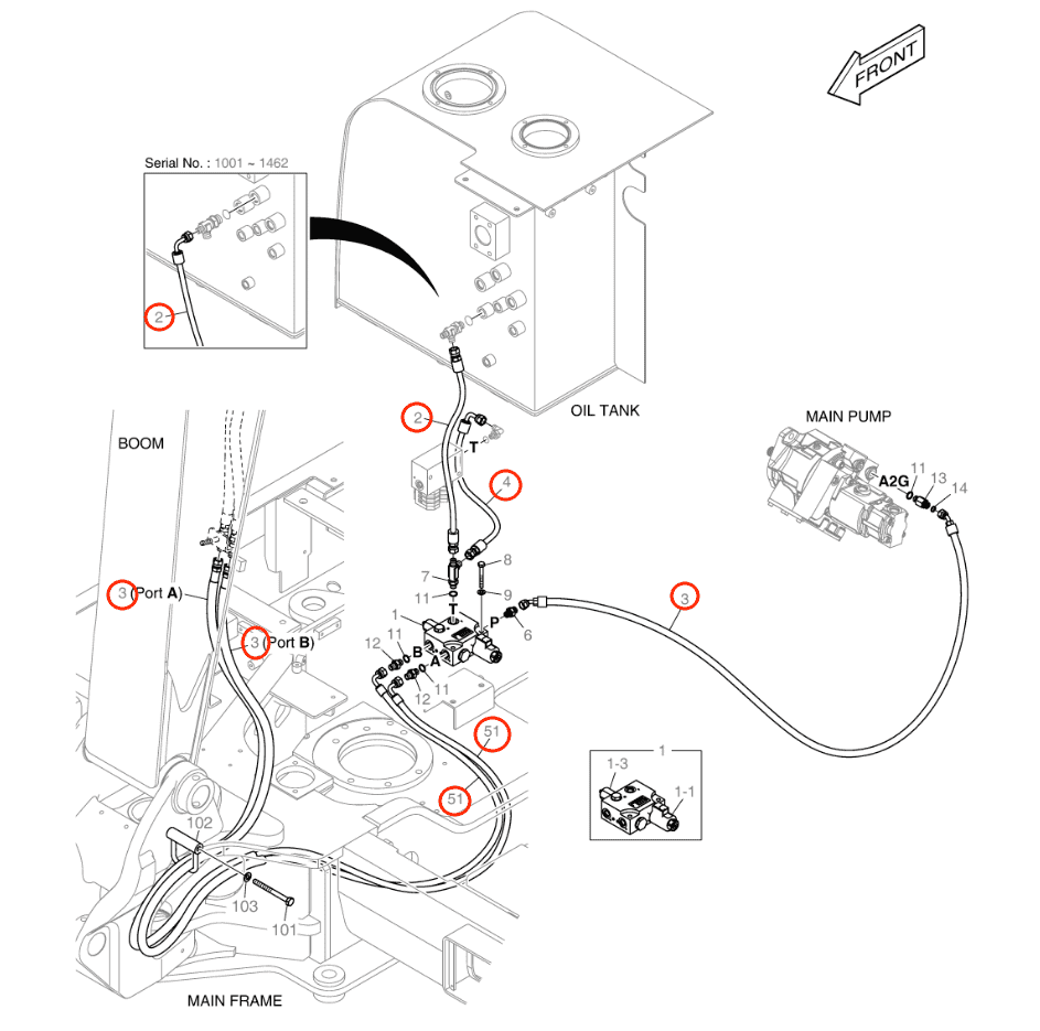 Doosan DX57W-5 installation diagram showing hydraulic hose DS2093200 at Pipe No. 2