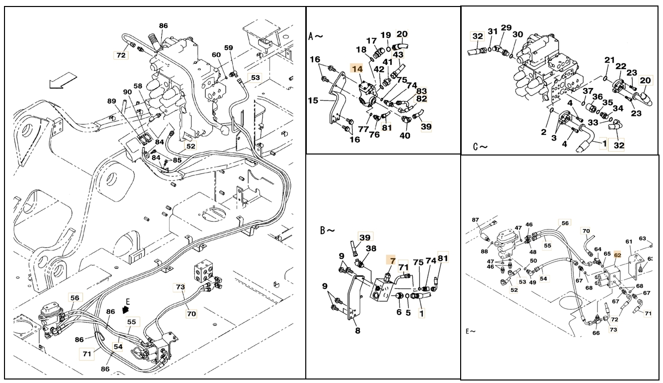 Case CX130B installation diagram showing hydraulic hose KHJ2047 at Pipe No. 70
