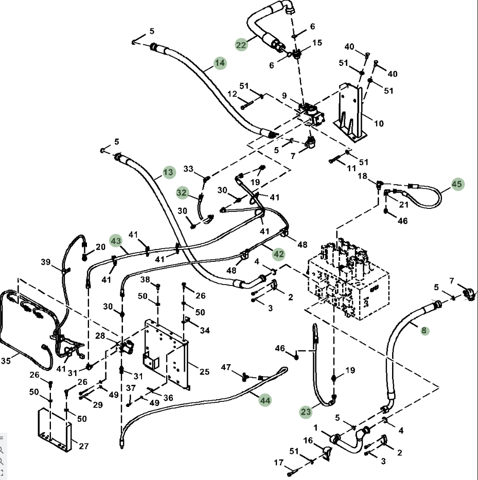 Hitachi ZX210LC-5G installation diagram showing hydraulic hose 9154207 at Pipe No. 14