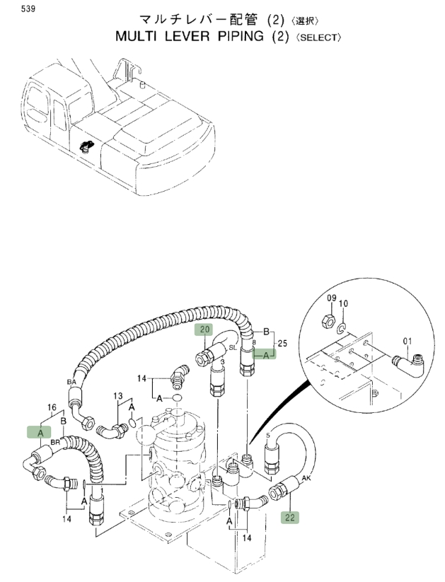 Hitachi EX370-5 installation diagram showing hydraulic hose 4349819 at Pipe No. 22