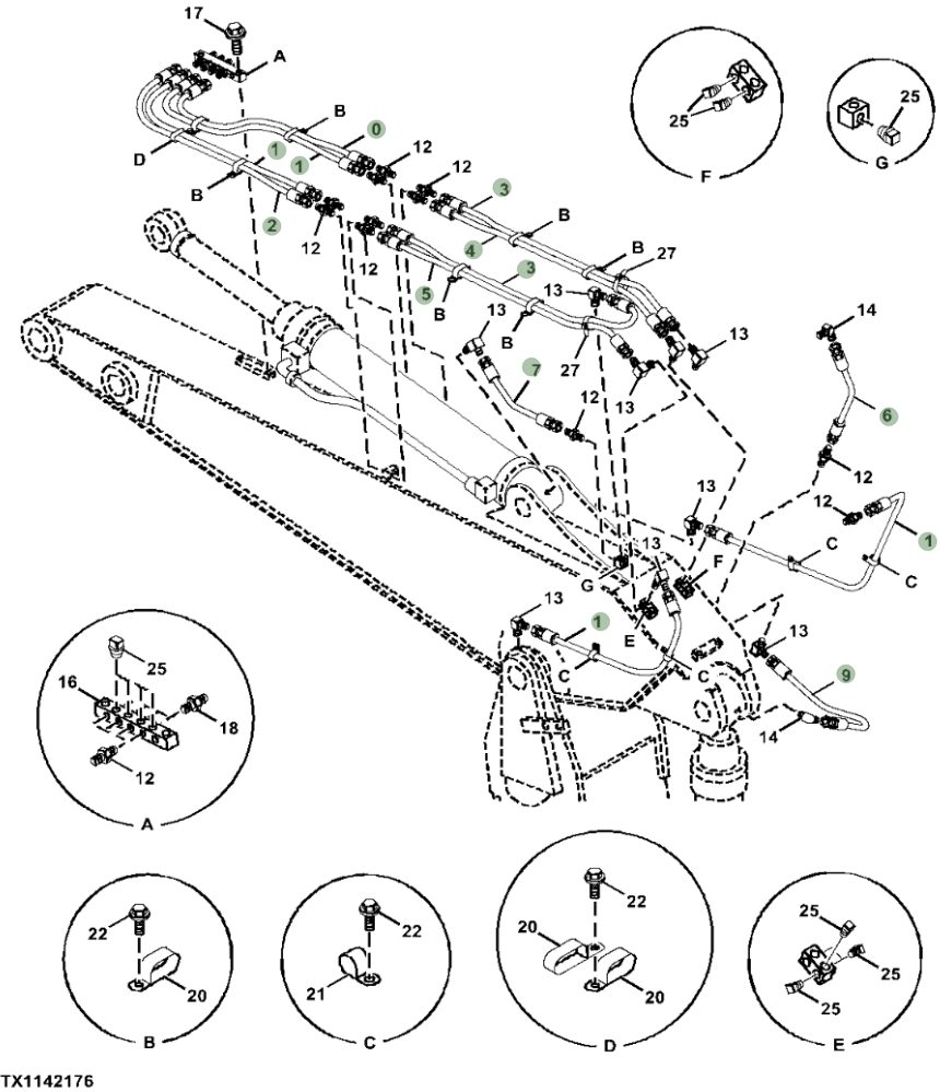 Hitachi ZX470LC-6 installation diagram showing hydraulic hose 4203161 at Pipe No. 7