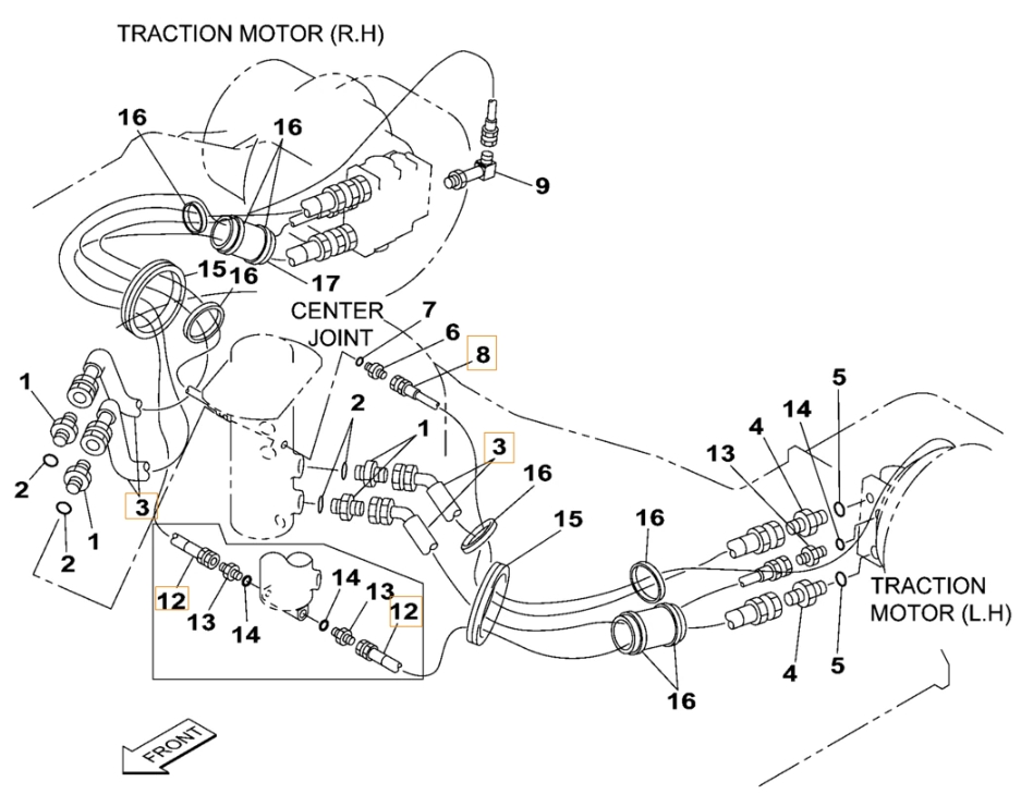 Case CX210B SL installation diagram showing hydraulic hose KRA1536 at Pipe No. 3
