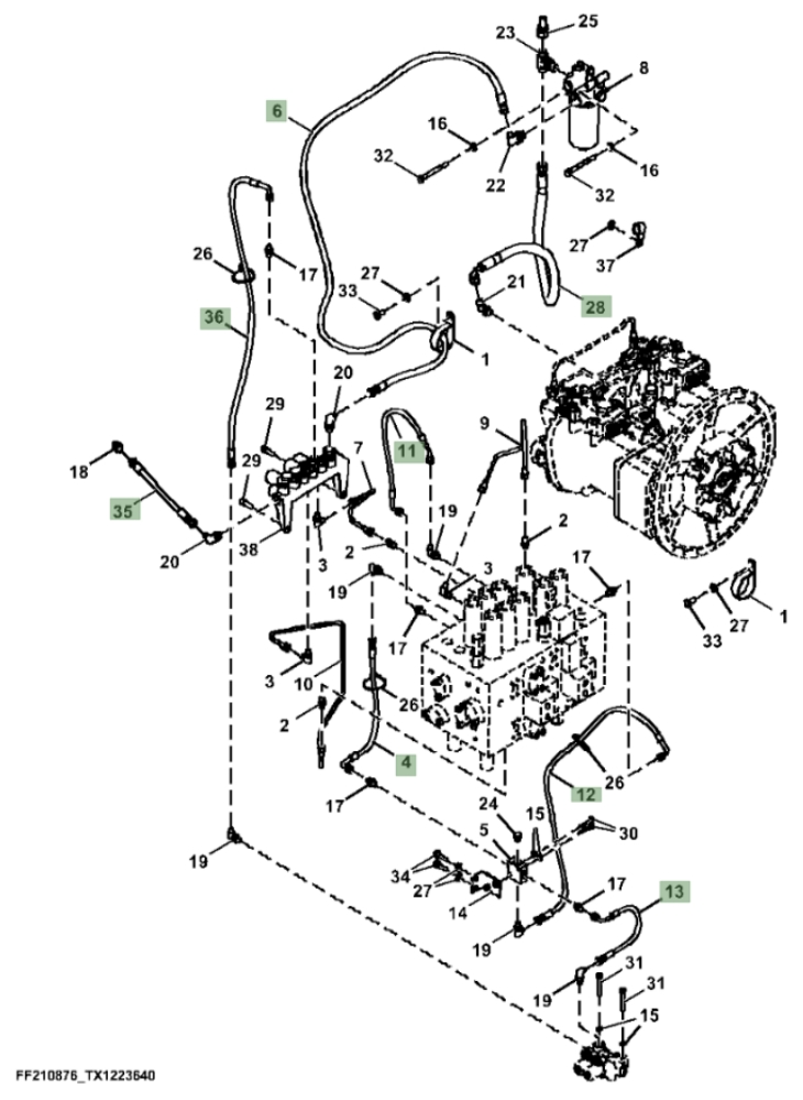 Hitachi ZX370F-FE-6N installation diagram showing hydraulic hose 4269832 at Pipe No. 35