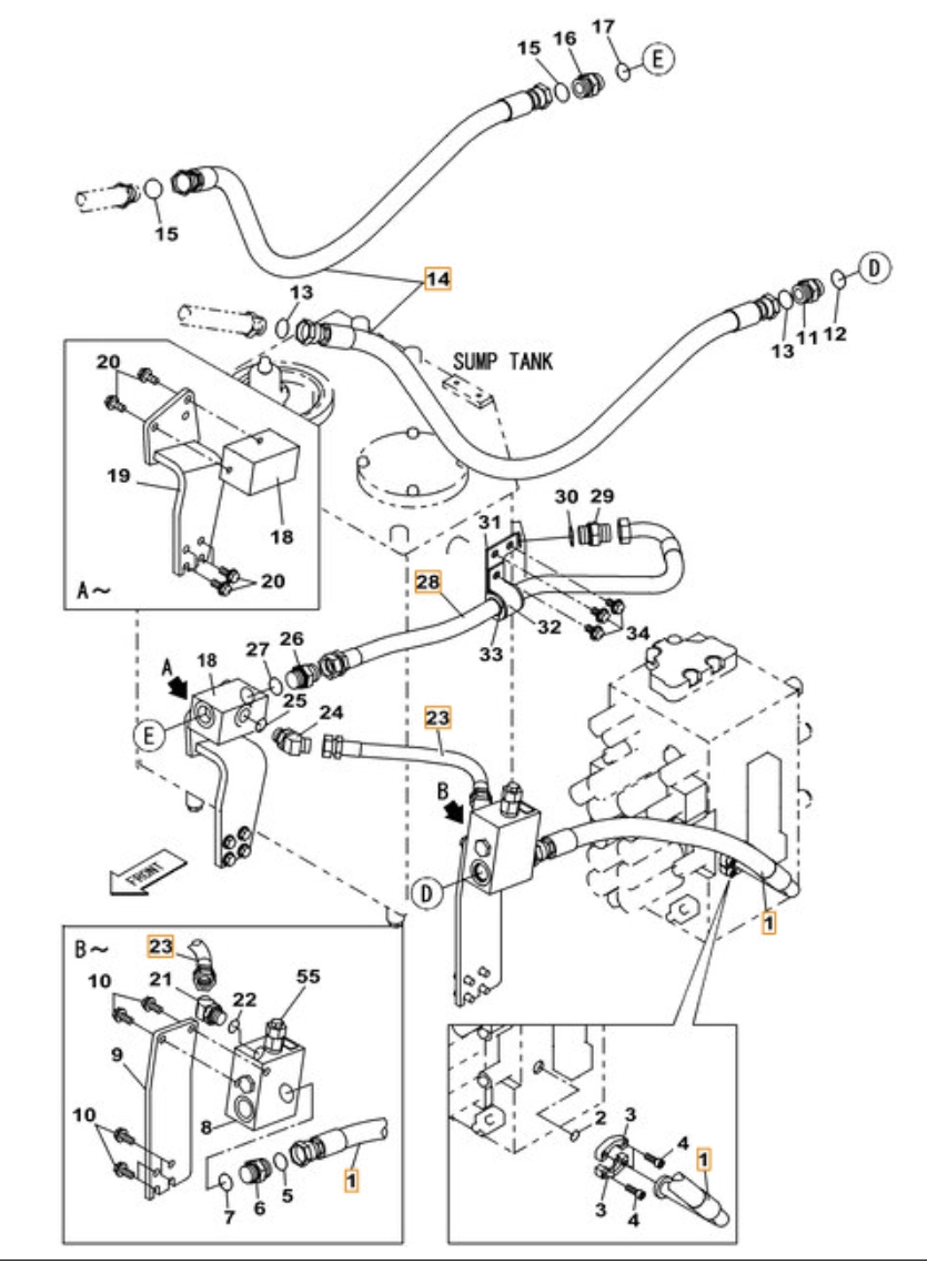 Case CX220B installation diagram showing hydraulic hose KRJ11540 at Pipe No. 23