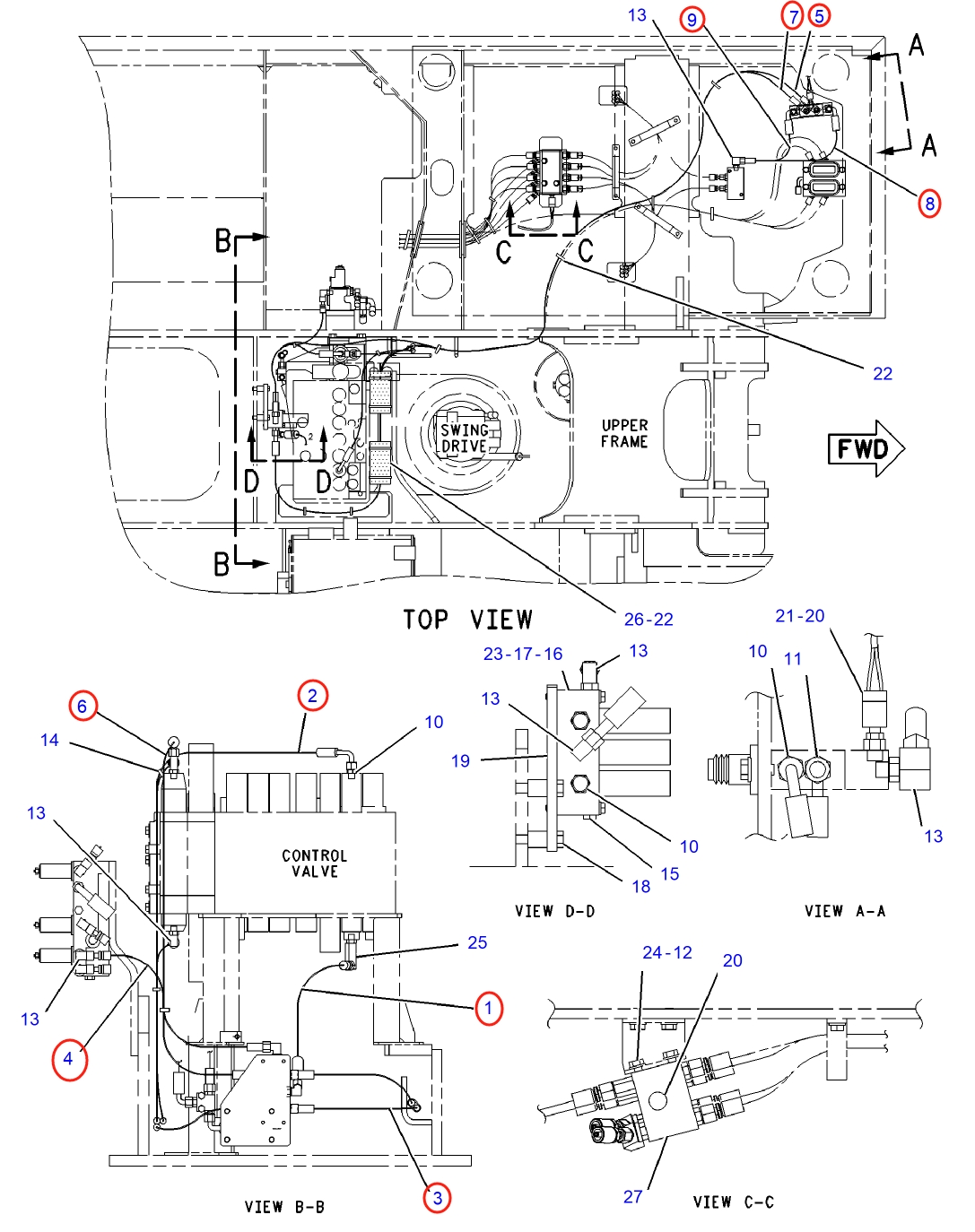 Caterpillar CAT®315C installation diagram showing hydraulic hose 4I-0769 at Pipe No. 7