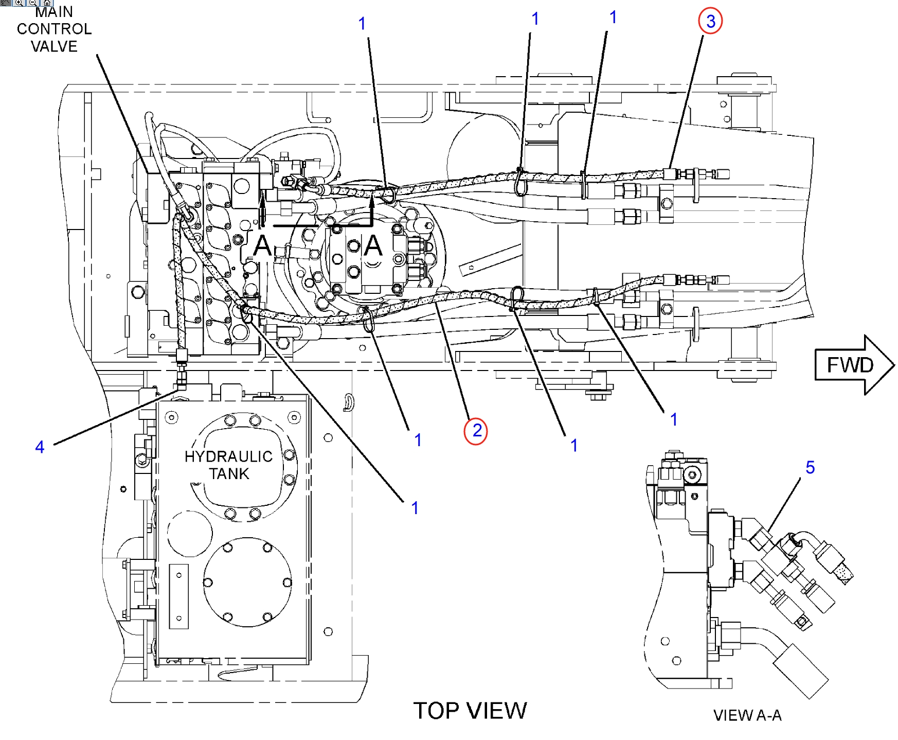 Caterpillar CAT®312E L installation diagram showing hydraulic hose 320-0063 at Pipe No. 2