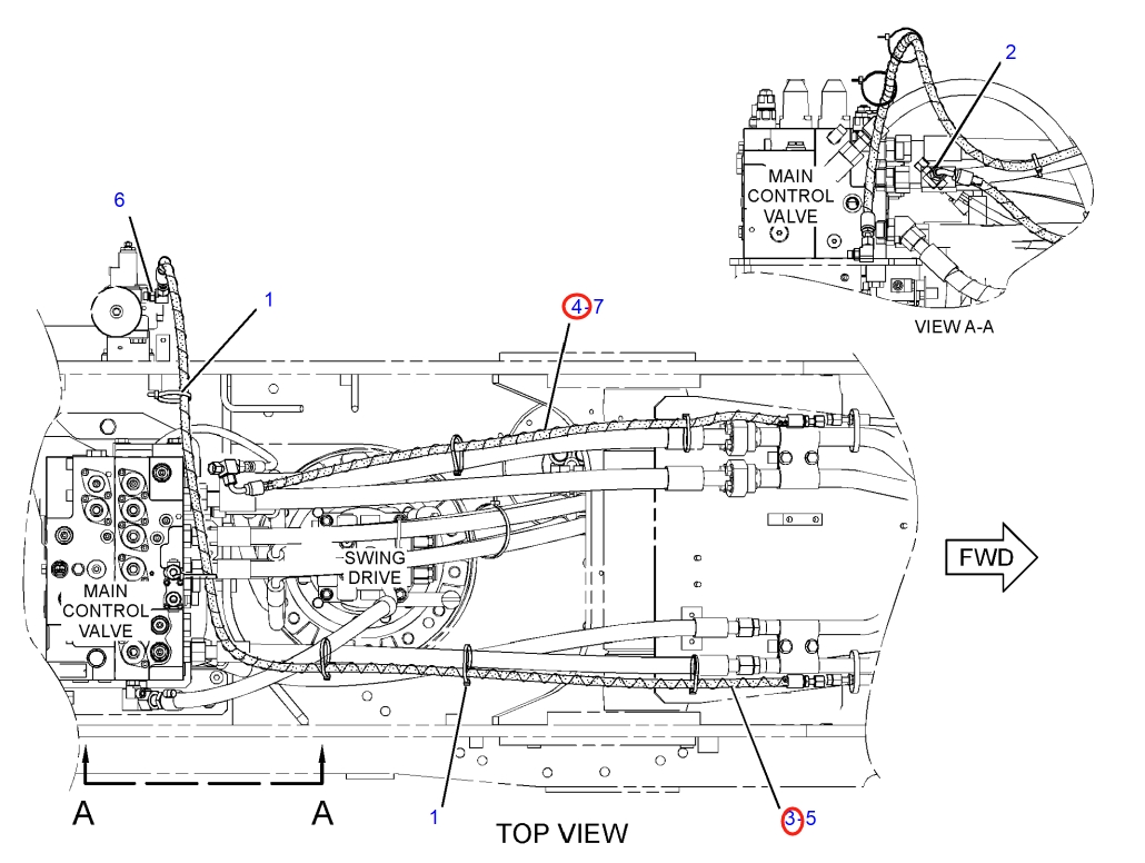 Caterpillar CAT®318F installation diagram showing hydraulic hose 351-4999 at Pipe No. 3
