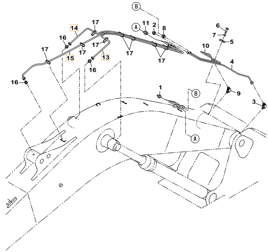 Case CX490C-8 LC installation diagram showing hydraulic hose KHJ2083 at Pipe No. 14