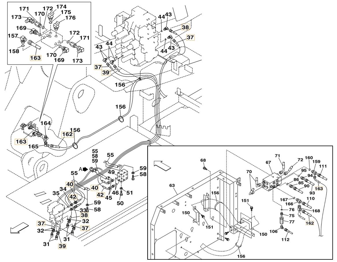 Case CX240 installation diagram showing hydraulic hose 168025A1 at Pipe No. 162