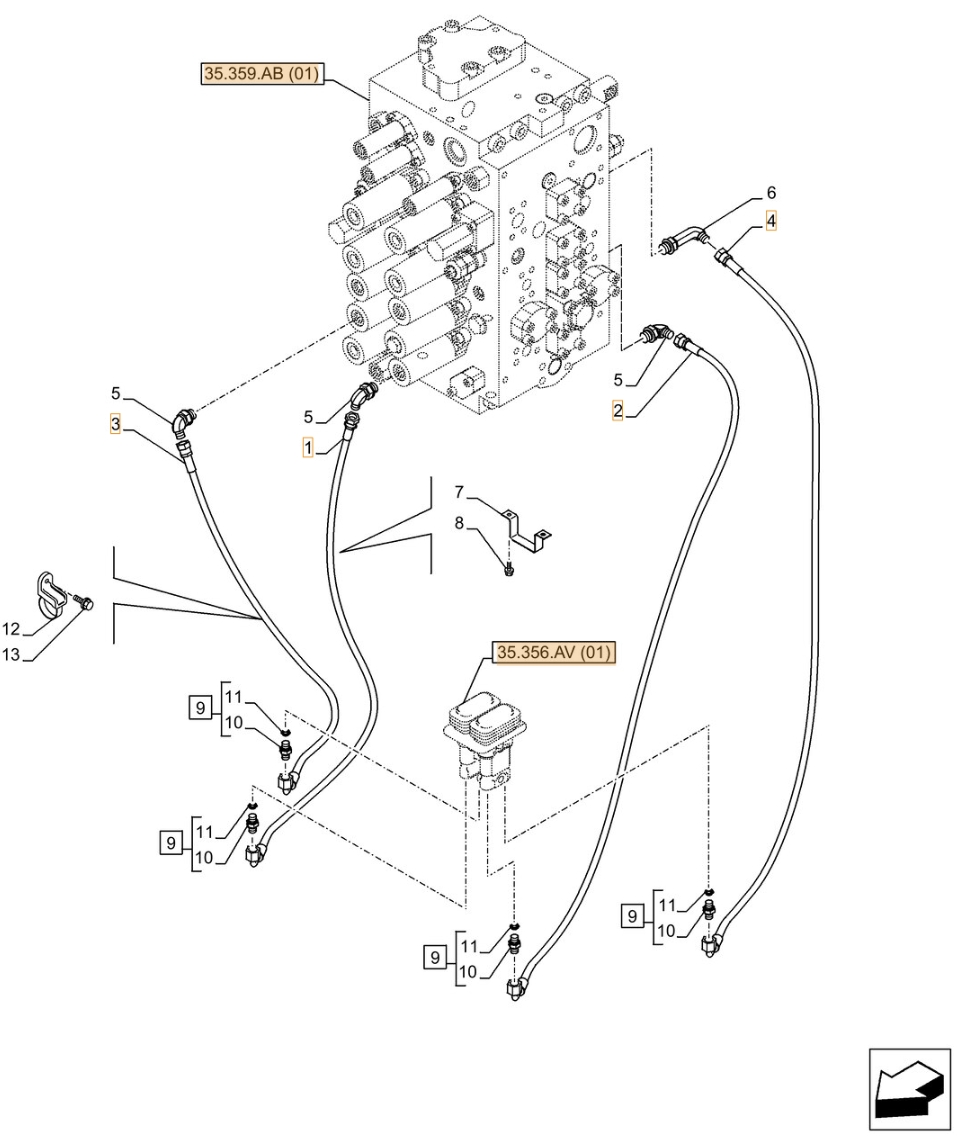 Case CX300D NLC installation diagram showing hydraulic hose KHJ12230 at Pipe No. 4