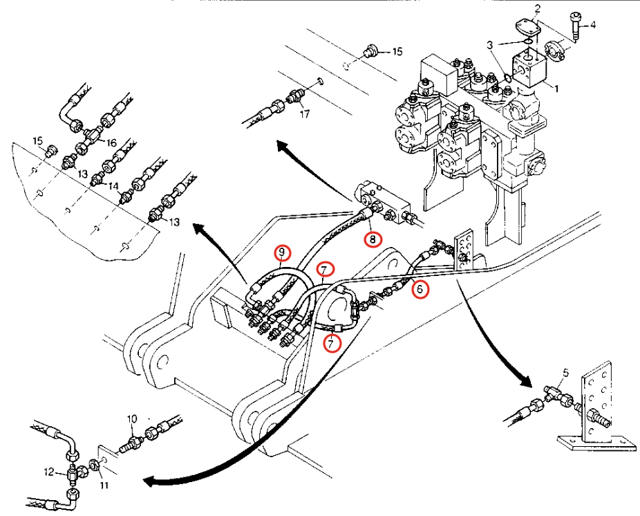 Caterpillar CAT®224B installation diagram showing hydraulic hose 8U-0350 at Pipe No. 6