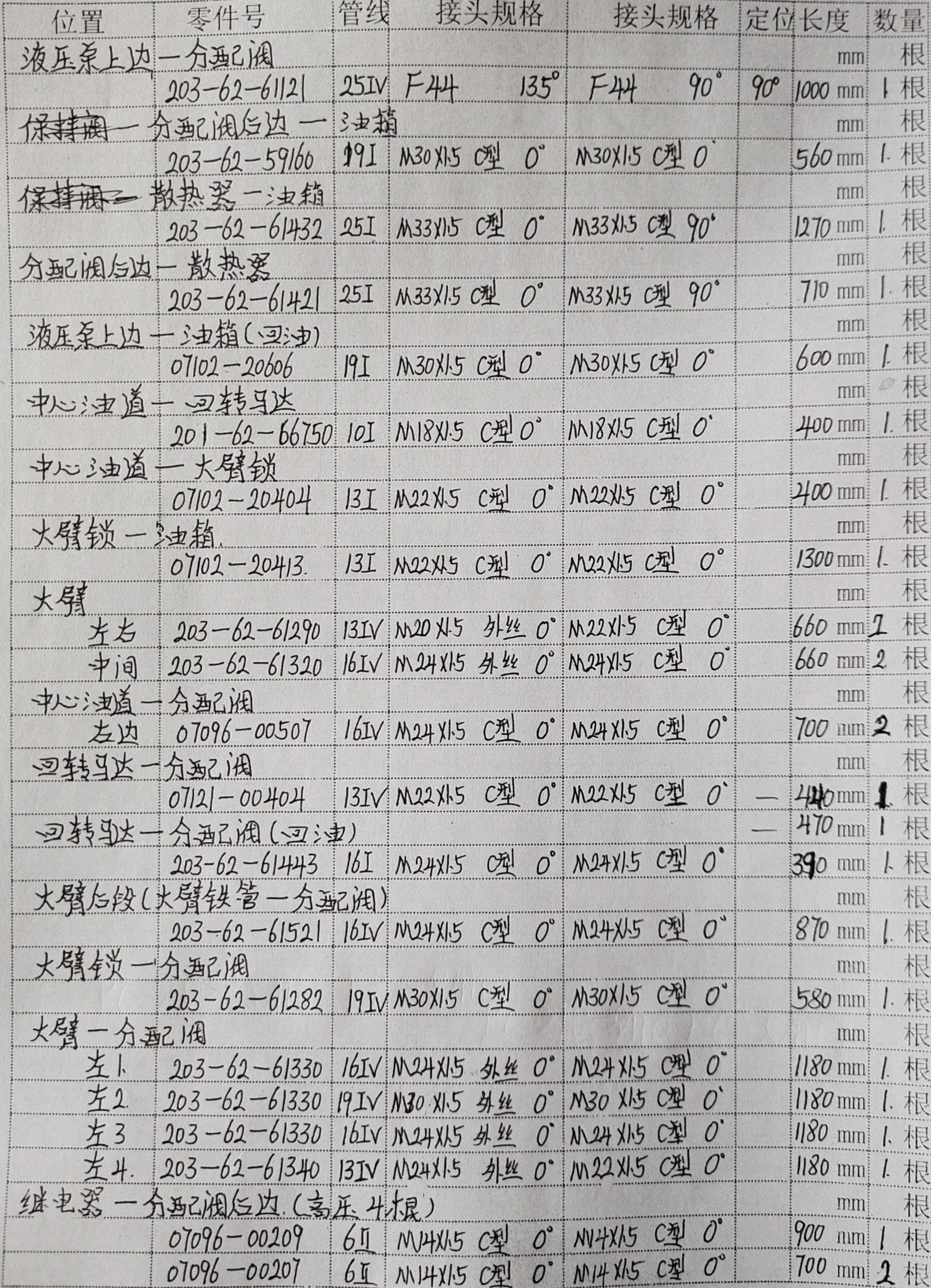 Komatsu PC120-6 hydraulic hose part numbers and recorded lengths — technician notebook page 1 of 4