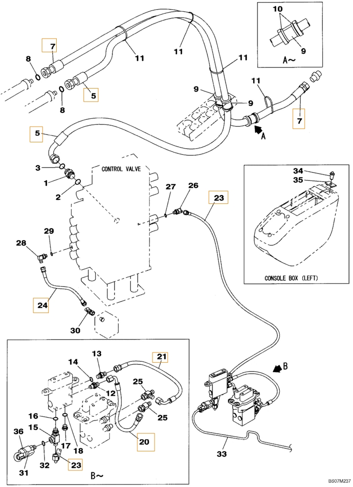 Case CX135SR installation diagram showing hydraulic hose KHJ2238 at Pipe No. 20