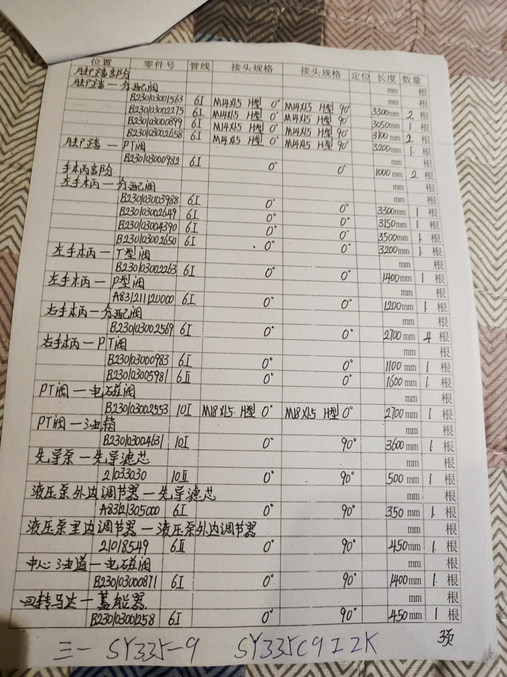 SANY SY335C9IK2K hydraulic hose part numbers and recorded lengths — technician notebook page 3 of 5 — recorded hose parts A8312305000, B23003000899, B23003000982