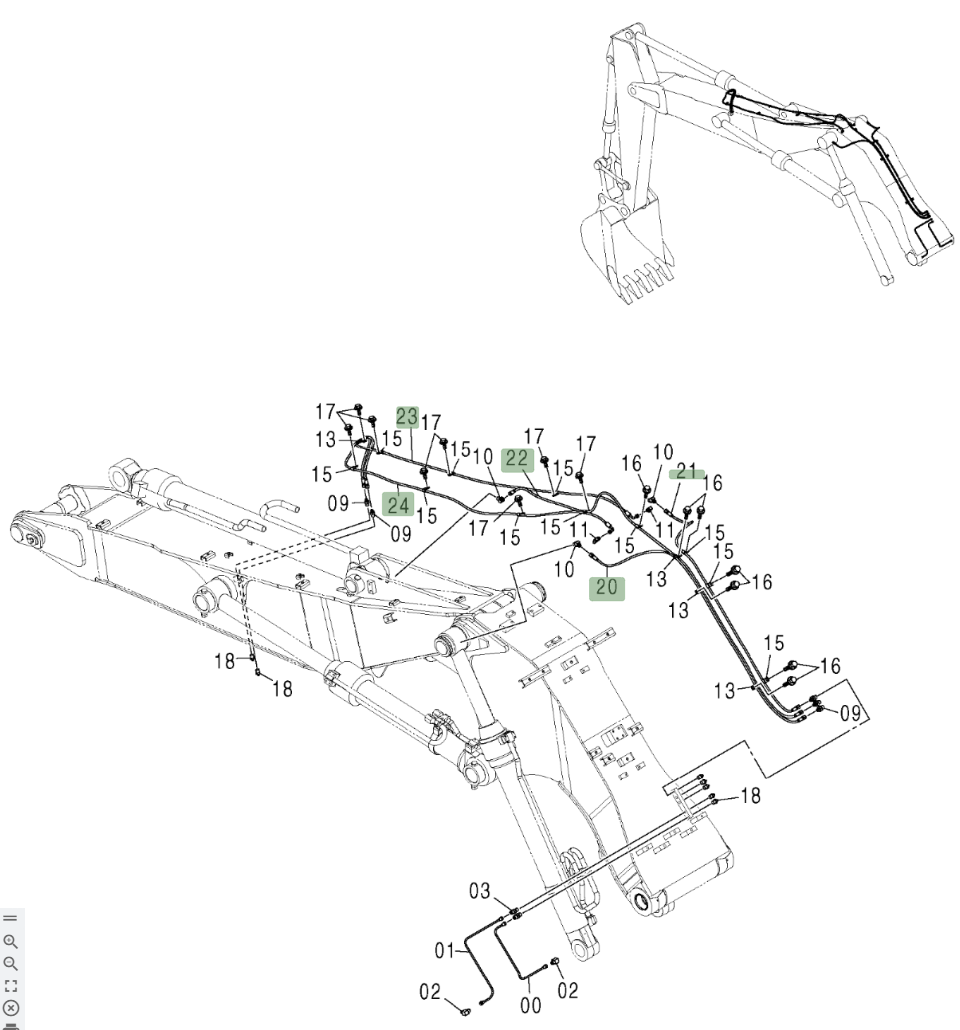 Hitachi ZX210W installation diagram showing hydraulic hose 4429017 at Pipe No. 22