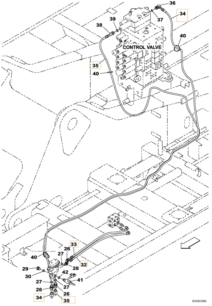 Case CX350B installation diagram showing hydraulic hose KHJ2088 at Pipe No. 32