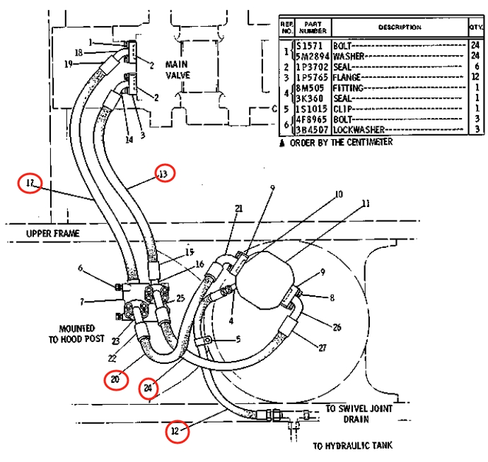 Caterpillar CAT®215 installation diagram showing hydraulic hose 5C-4176 at Pipe No. 12