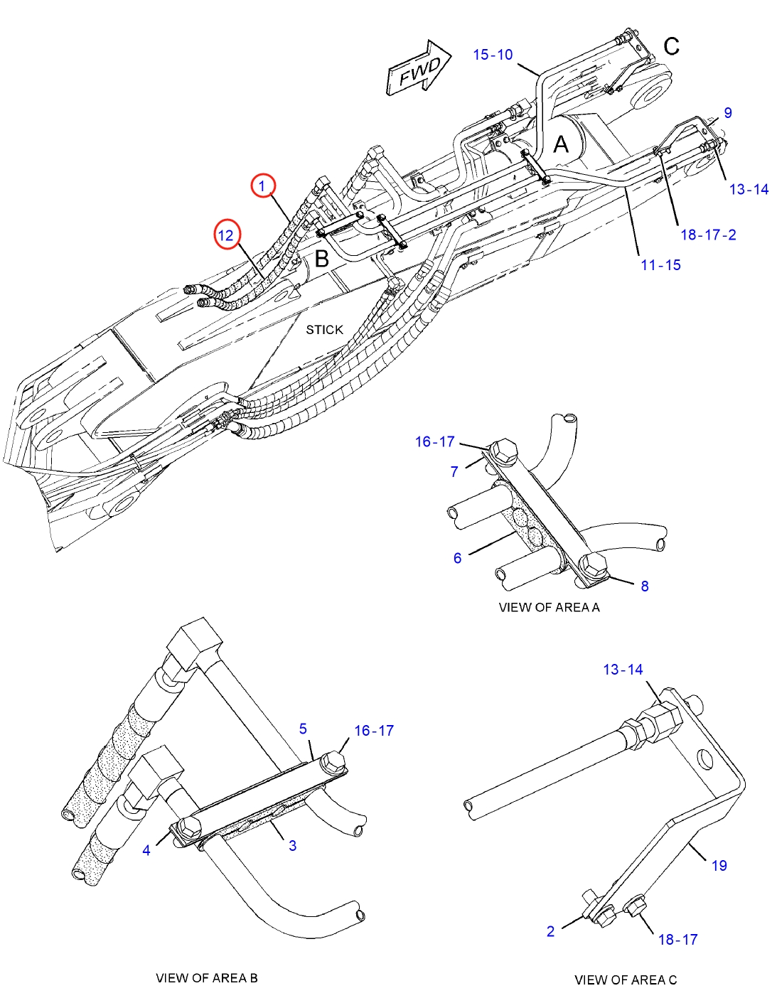 Caterpillar CAT®314E LCR installation diagram showing hydraulic hose 108-7562 at Pipe No. 1