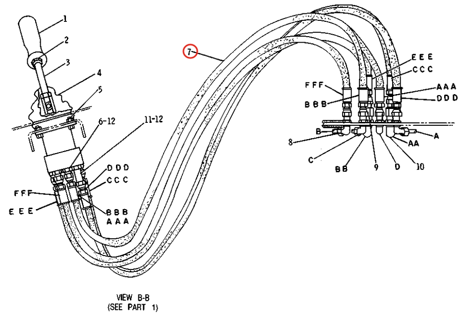 Caterpillar CAT®215D installation diagram showing hydraulic hose 8R-0944 at Pipe No. 7