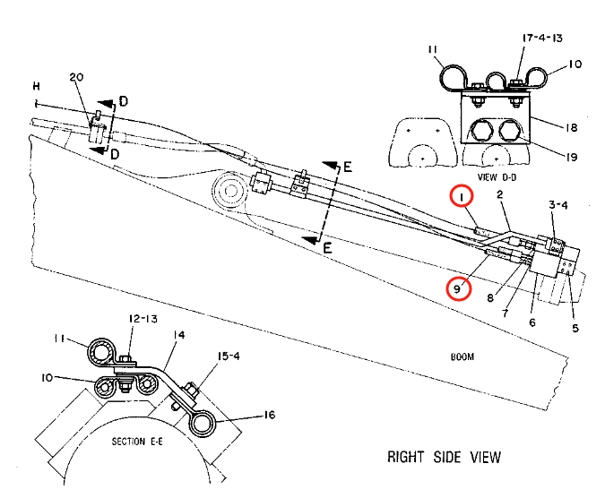 Caterpillar CAT®215D installation diagram showing hydraulic hose 6W-7642 at Pipe No. 9