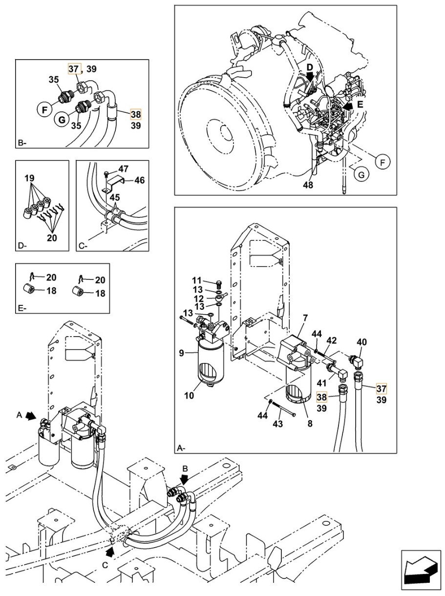 Case CX210C installation diagram showing hydraulic hose KRH10330 at Pipe No. 38