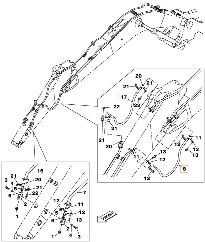 Case CX300B installation diagram showing hydraulic hose KBV17880 at Pipe No. 8