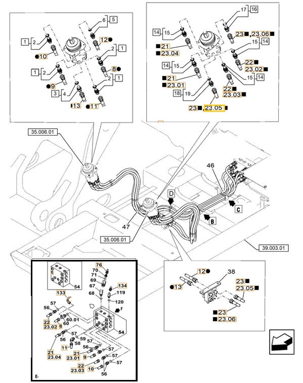 Case CX220C installation diagram showing hydraulic hose 159213A1 at Pipe No. 23
