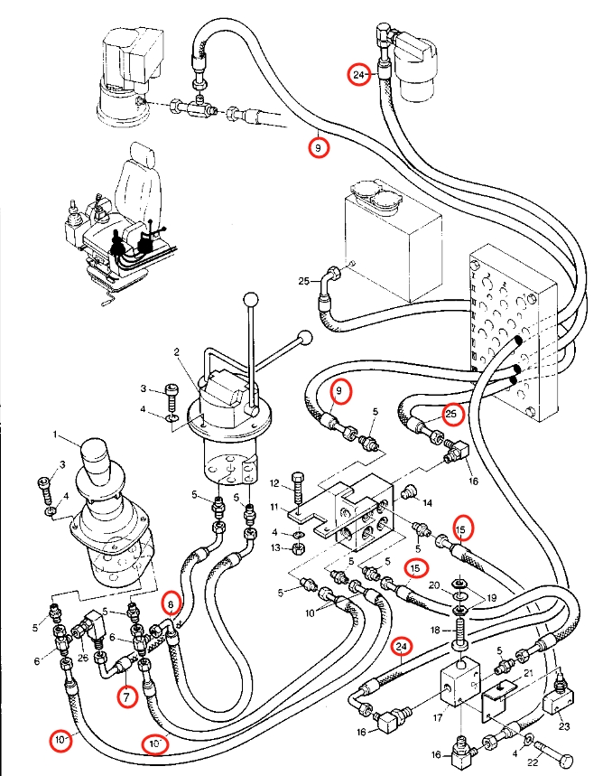 Caterpillar CAT®224B installation diagram showing hydraulic hose 8U-1889 at Pipe No. 15