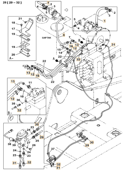 Case CX220C installation diagram showing hydraulic hose KHJ2088 at Pipe No. 30