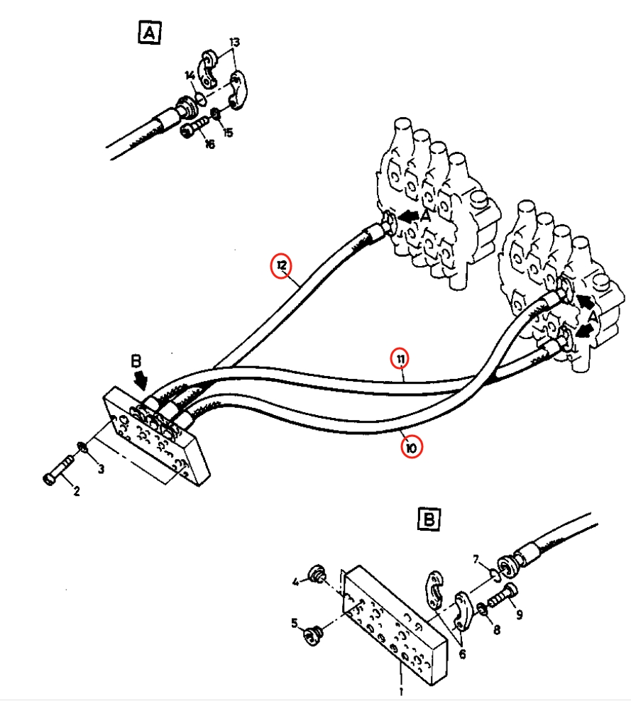 Caterpillar CAT®205 installation diagram showing hydraulic hose 5W-7912 at Pipe No. 12