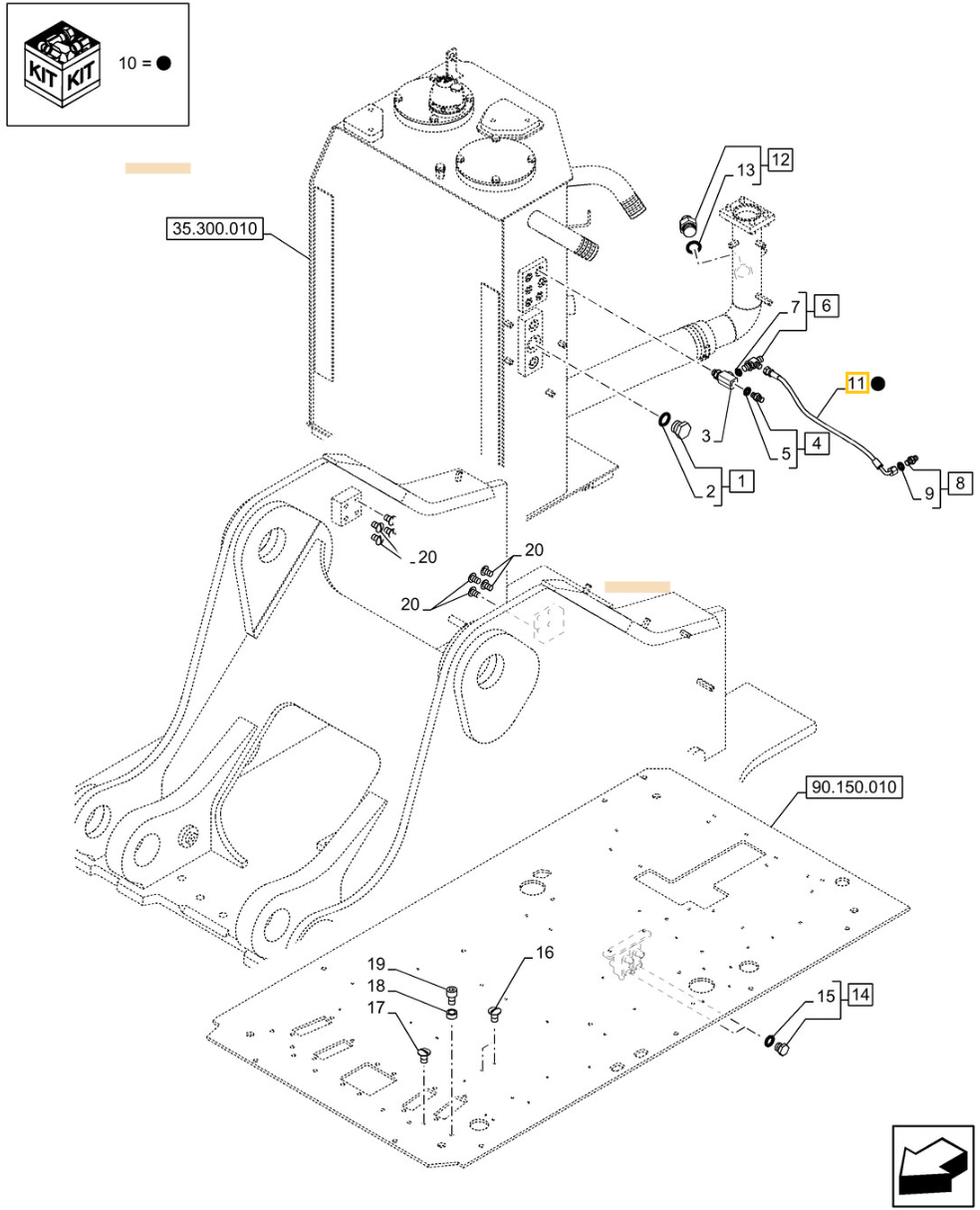 Case CX300E LC installation diagram showing hydraulic hose KHJ2239 at Pipe No. 11
