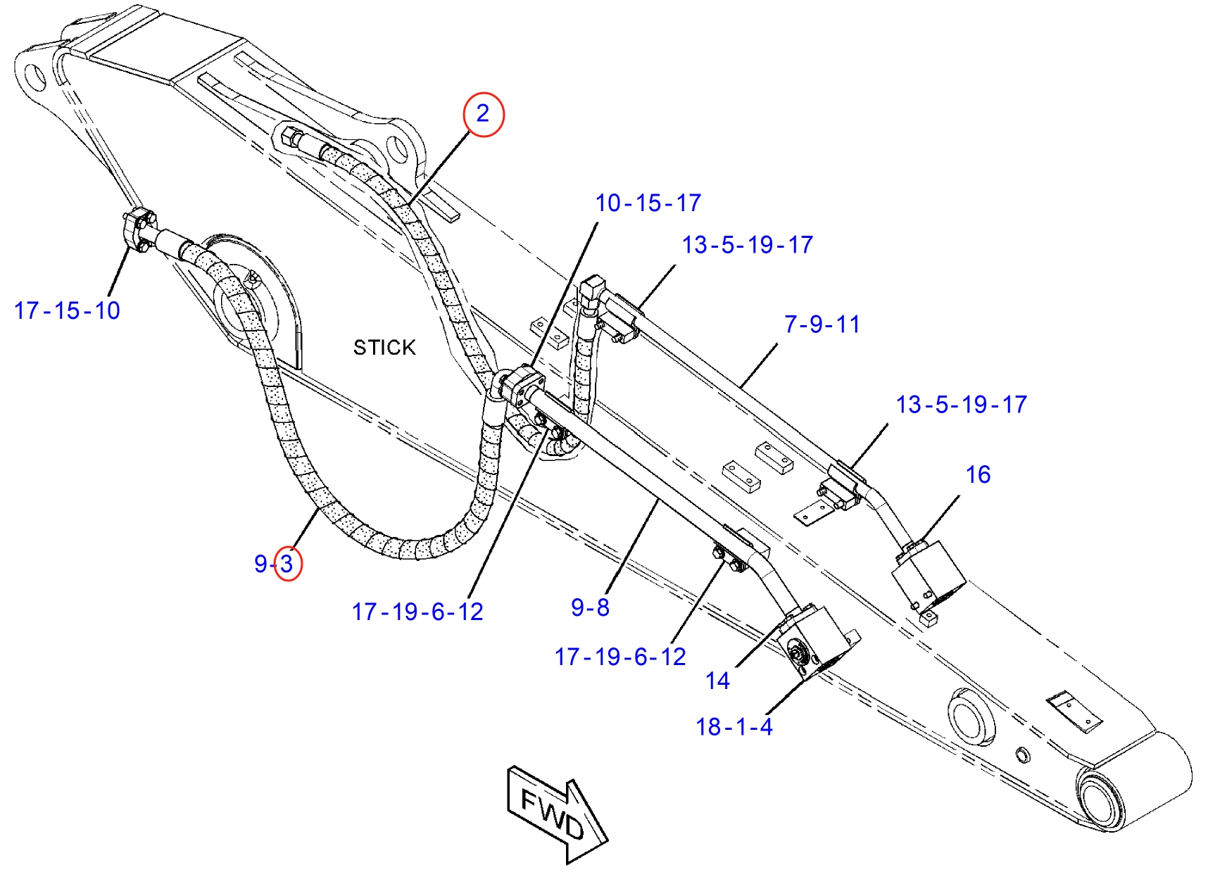 Caterpillar CAT®314E LCR installation diagram showing hydraulic hose 374-0129 at Pipe No. 2