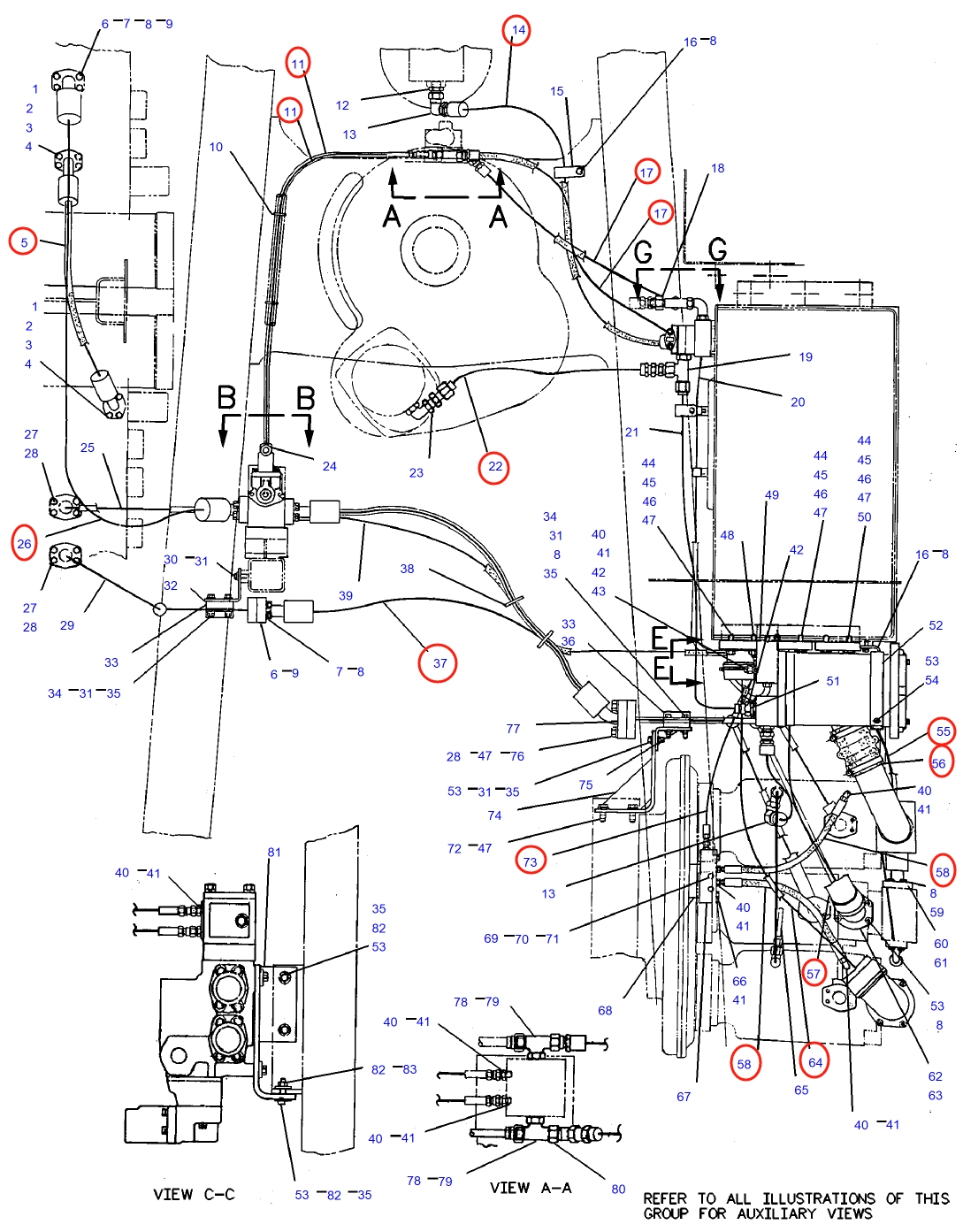 Caterpillar CAT®245D installation diagram showing hydraulic hose 3V-1330 at Pipe No. 73