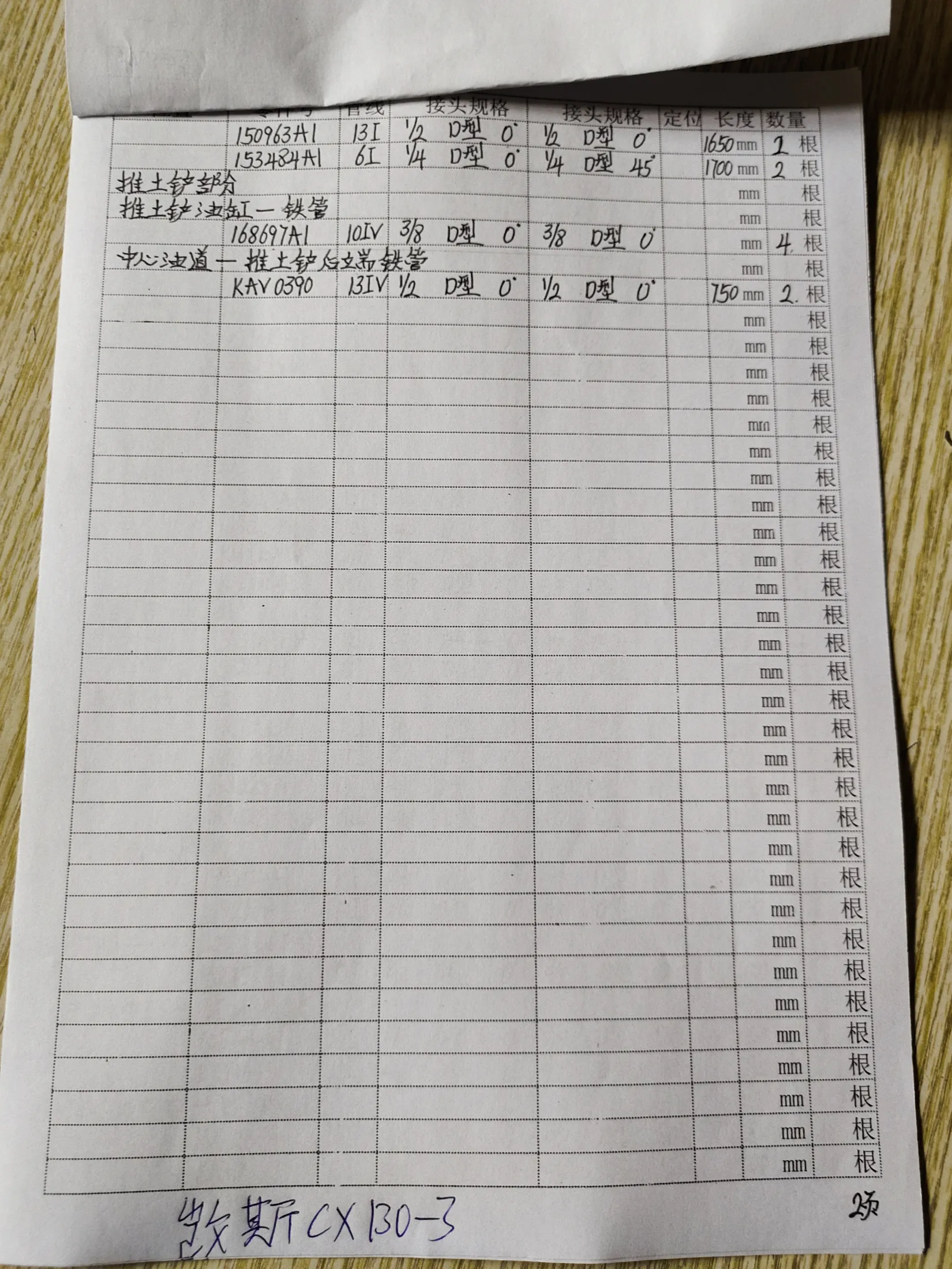 Case CX130-3 hydraulic hose part numbers and recorded lengths — technician notebook page 2 of 5 — recorded hose parts 150963HL, 153484A1, KAV0390