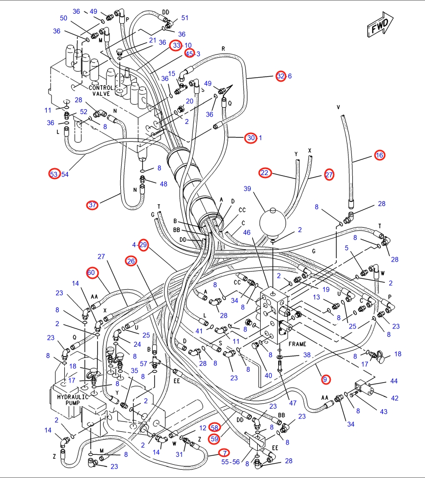 Caterpillar CAT®317-A N installation diagram showing hydraulic hose 5I-3124 at Pipe No. 22
