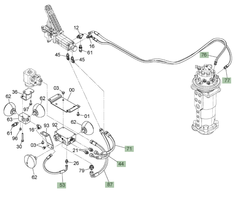 Hitachi ZX210W-3 installation diagram showing hydraulic hose 4674282 at Pipe No. 77