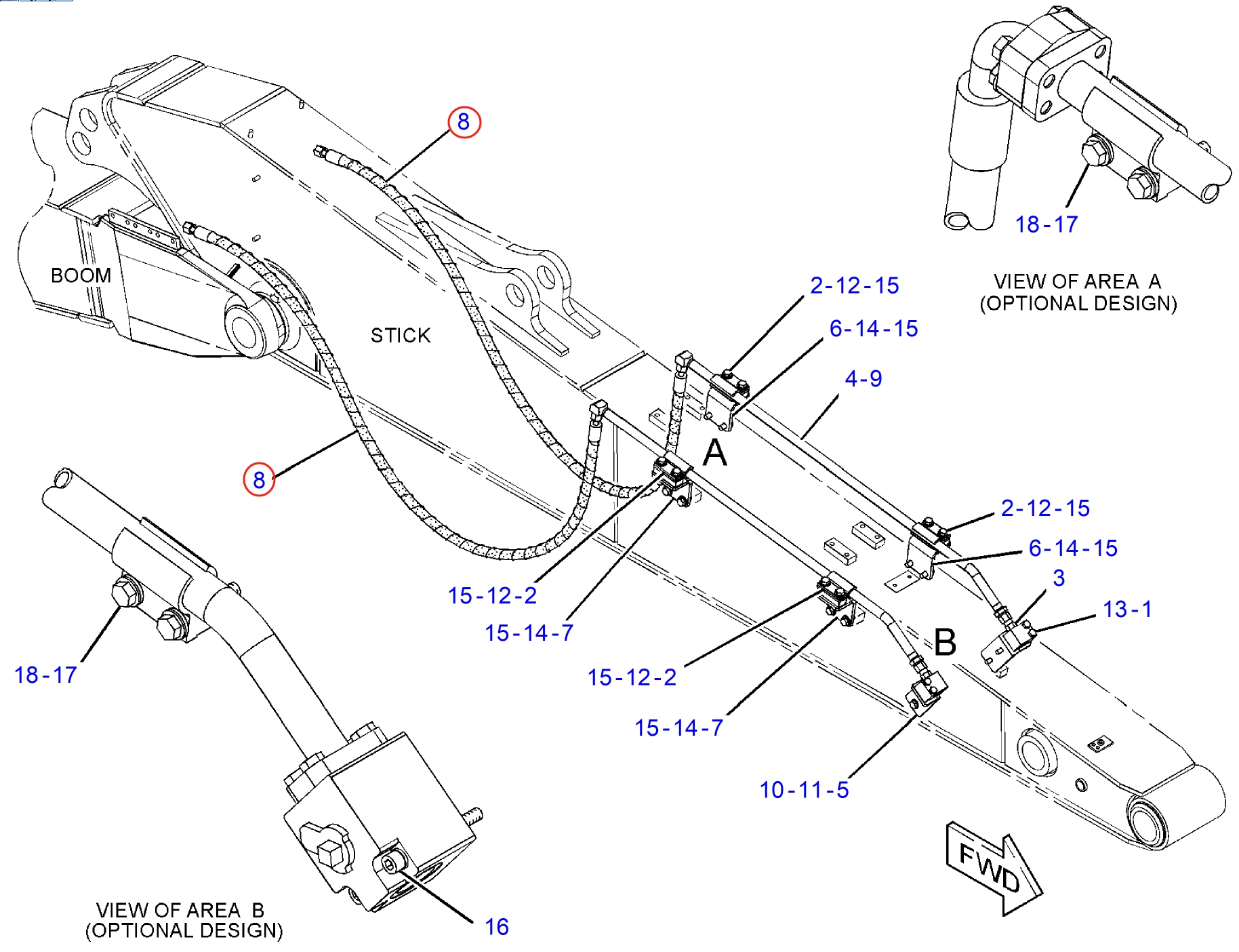 Caterpillar CAT®312D2 L installation diagram showing hydraulic hose 288-7709 at Pipe No. 8
